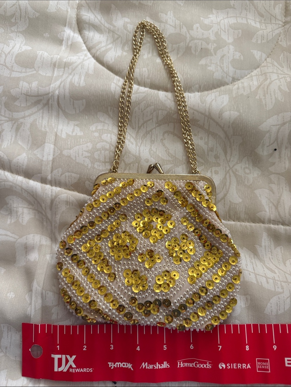 Gold Sequin Beaded Mini Evening Bag with Chain